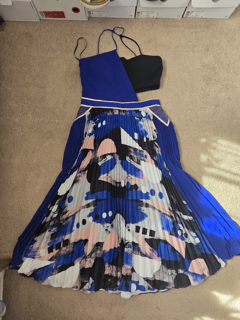 Three Floor Blue Pleated Midi Skirt with Abstract Print Women's 8